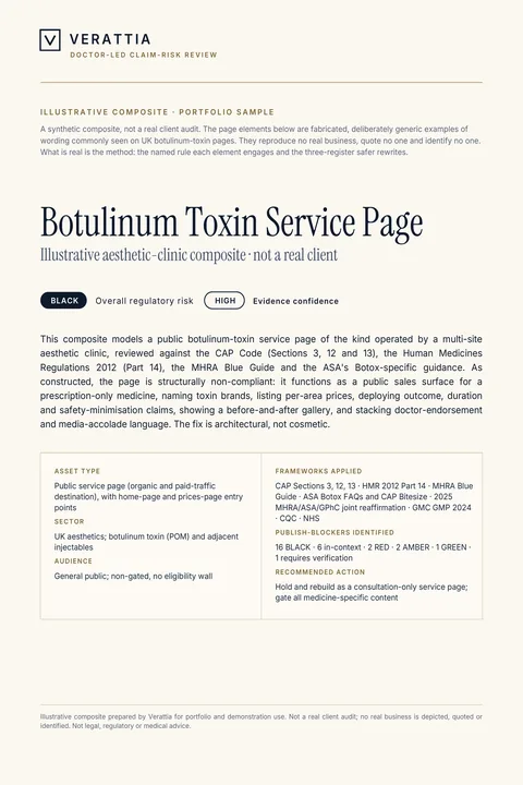 Cover page of an illustrative Verattia sample audit (composite) for a UK aesthetics clinic botulinum toxin service page.